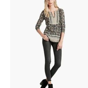 Lucky Brand Woodblock Floral Print Popover Top XS